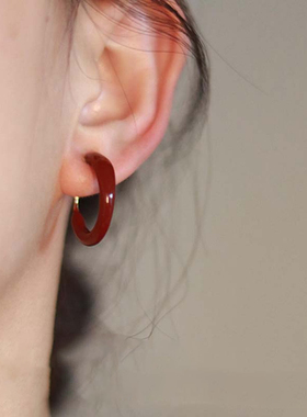 复古港风安可拉红色滴釉素圈耳环高级感轻奢简约气质耳扣小众耳圈
