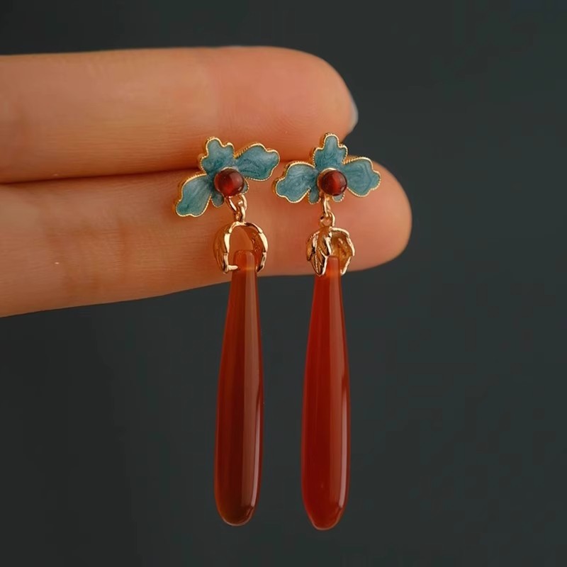 仿红玛瑙水滴耳环女2025新款爆款夏日国风高级感轻奢小众气质耳钉