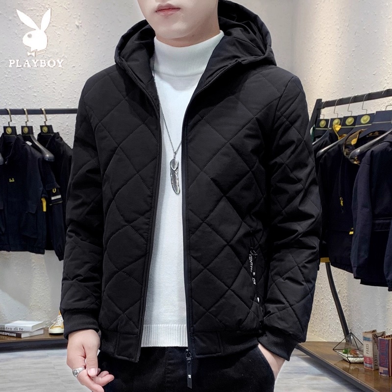 花花公子连帽棱格棉衣男士秋冬季加绒加厚羽绒棉服男保暖防风外套