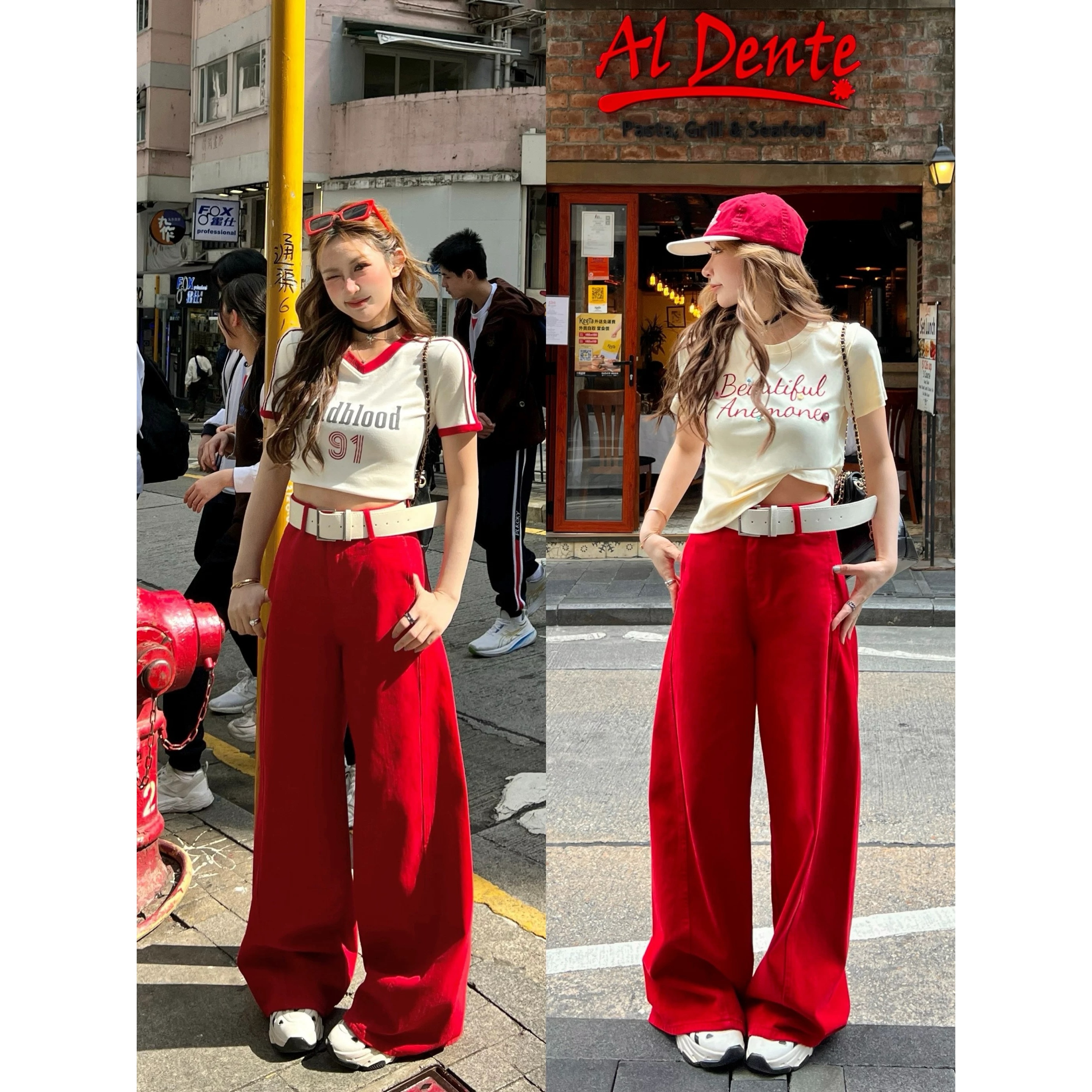 林诗琦NICKIDAILY大红色牛仔裤女