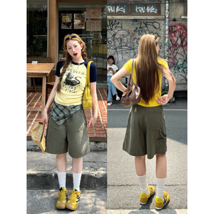 林诗琦NICKIDAILY【五分飒影！格纹拼接腰封直筒休闲韩系五分裤女