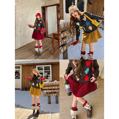 林诗琦NICKIDAILY撞色菱格款毛衣