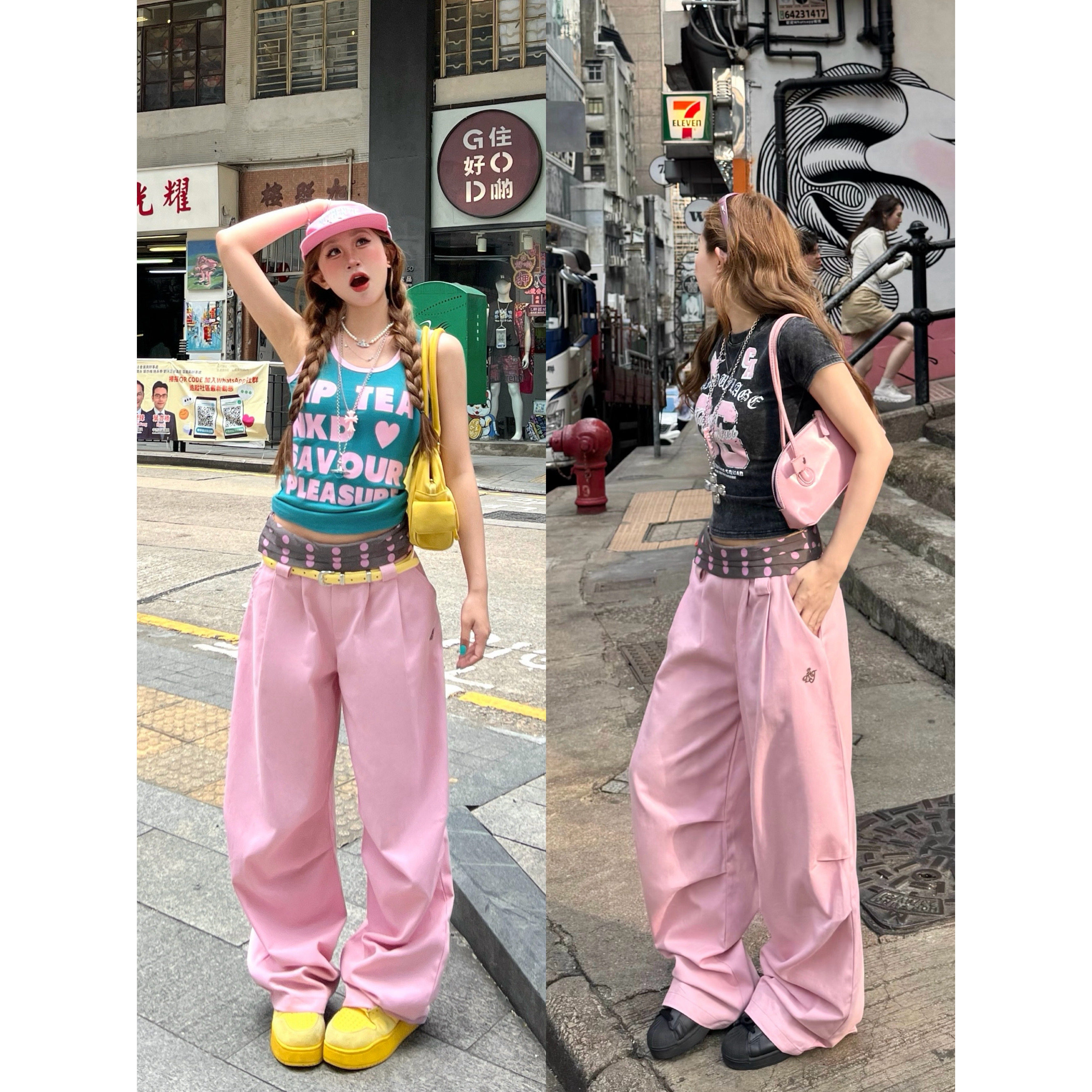 林诗琦NICKIDAILY【粉雾街头】刺绣波点撞色拼接腰带粉色休闲长裤