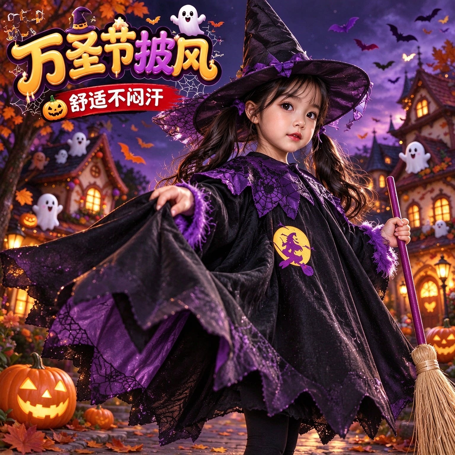 万圣节女巫披风斗篷帽子儿童套装
