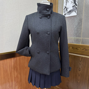 妙也可原创JK灰色妮子大衣收腰短款双排扣小个子修身秋冬外套女