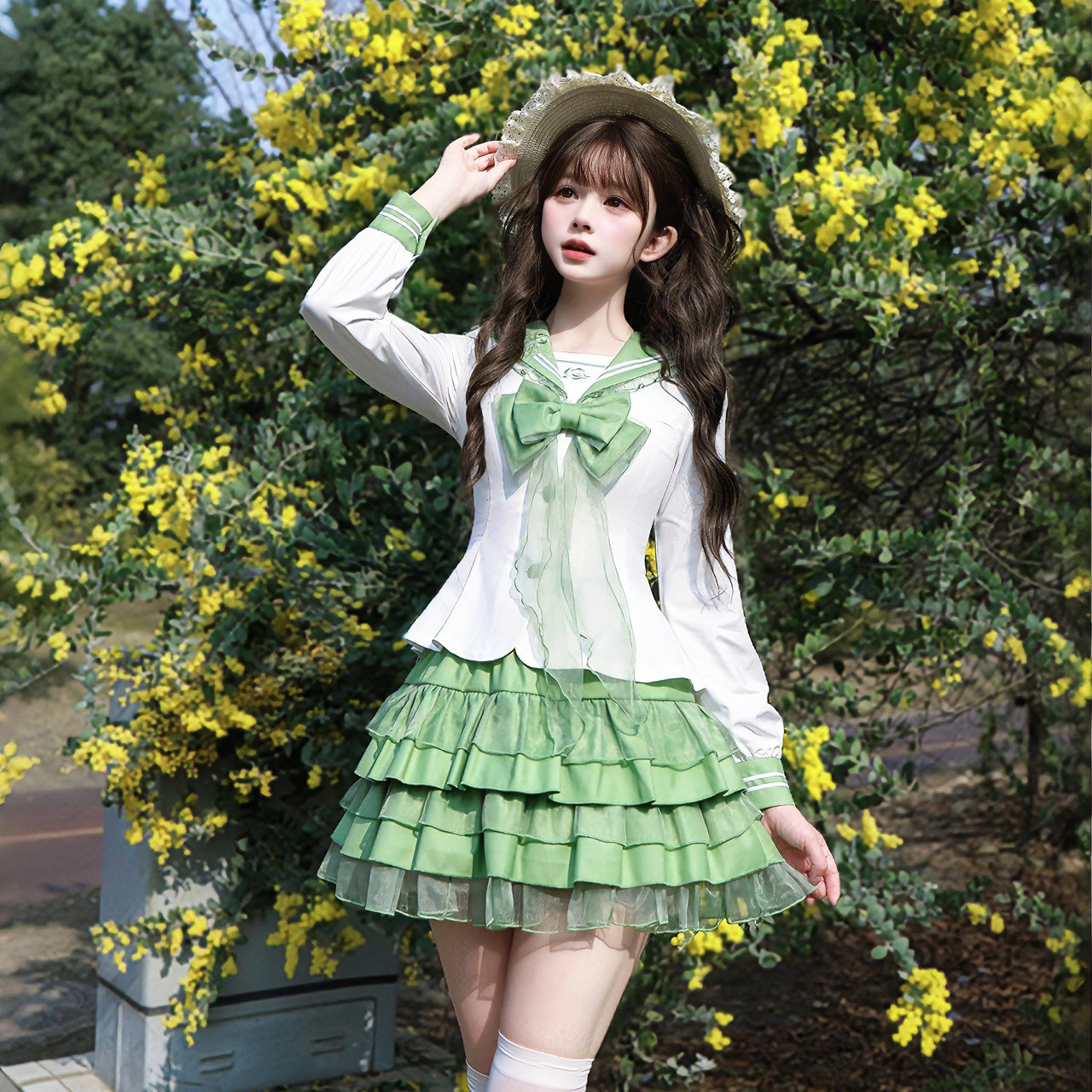 妙也可原创水手服JK制服套装格裙jk收腰长袖百褶裙大码胖MM校服