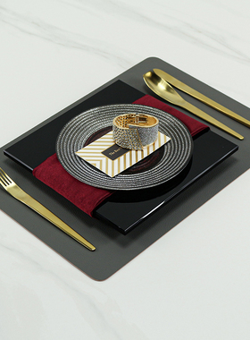 黑水晶方盘西餐盘简约现代样板房间西餐具套装餐巾口布刀叉勺摆件