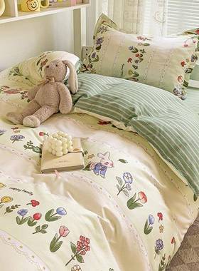 Three piece single sheet set on the bed of college dormitory