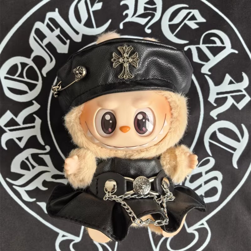 一二三代拉布布娃衣17cm机车皮衣套装labubu克罗CH心坐坐派对