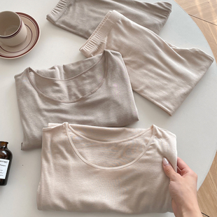 亲肤柔软打底秋衣秋裤 秋冬奶皮衣圆领羊毛保暖内衣套装 女无痕长袖