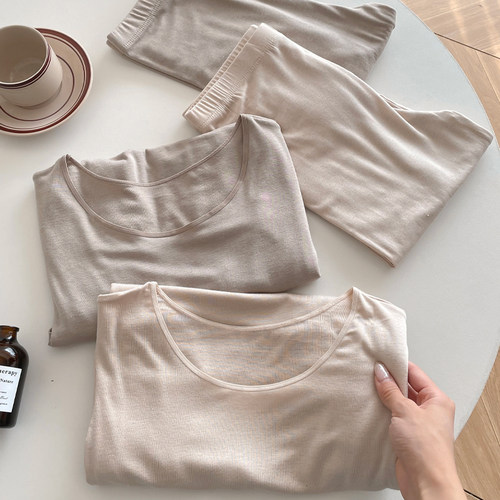 秋冬奶皮衣圆领羊毛保暖内衣套装