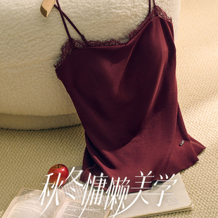 秋冬羊毛磨毛蕾丝红色吊带背心女一体杯内搭外穿打底衫 上衣女 无袖