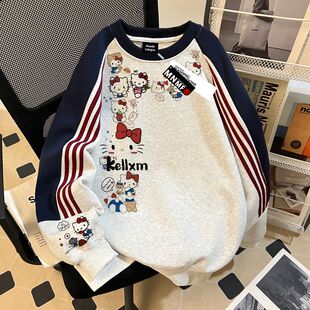 女童插肩三条杠卫衣2026春秋季新款卡通印花中大童圆领外套上衣潮