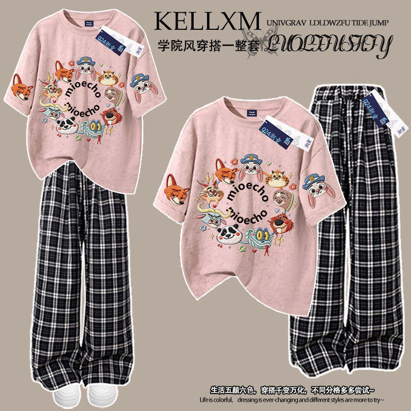 女童夏季纯棉扎染短袖T恤套装卡通疯狂动物城仿刺绣格子裤两件套