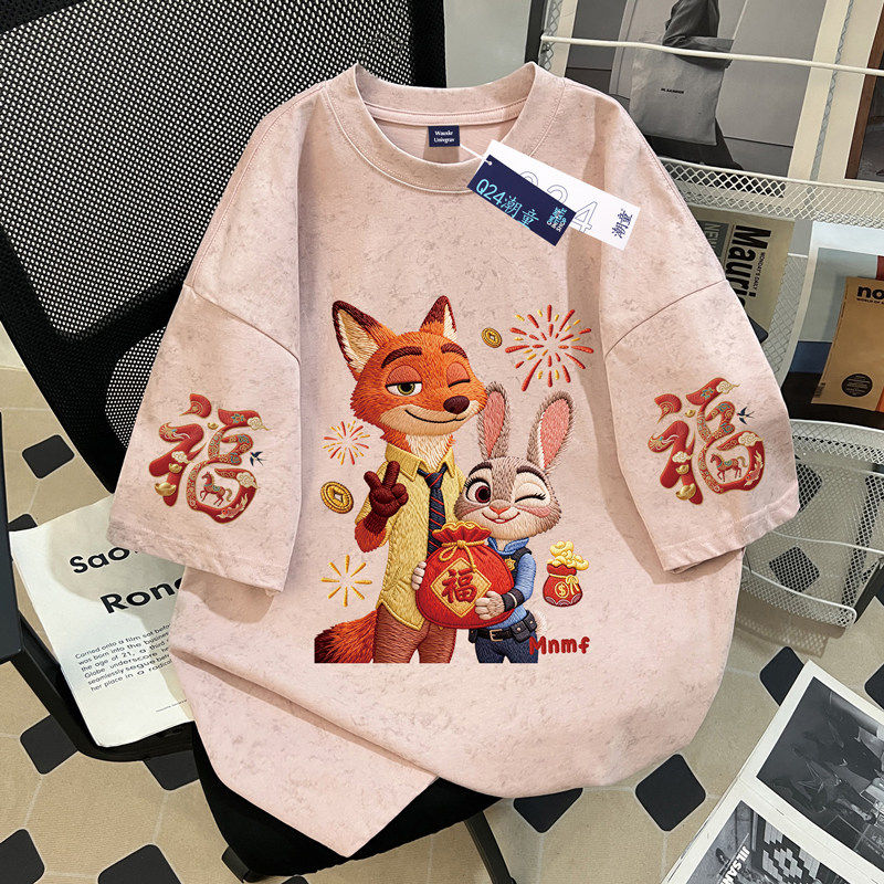 女童纯棉短袖T恤夏季2026新款疯狂动物城中大童百搭扎染半袖上衣