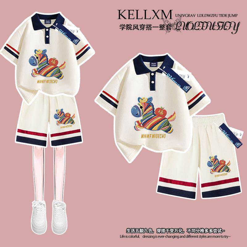 夏季男女童Polo衫t恤短袖短裤套装马年卡通小马仿刺绣学生百搭潮
