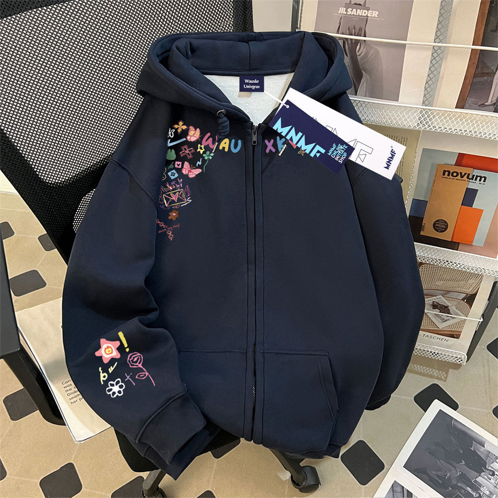 女童开衫拉链连帽卫衣2026秋冬简约高级感印花中大童加绒加厚外套