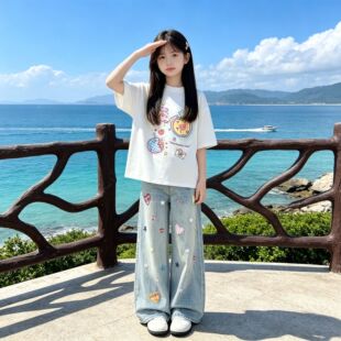 韩系小众卡通苹果印花男女童新款重磅短袖中大童纯棉上衣ins风