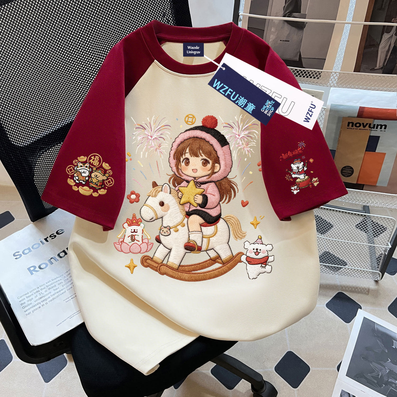 夏季女童插肩纯棉短袖t恤仿刺绣新年女孩线条小狗中大童洋气上衣