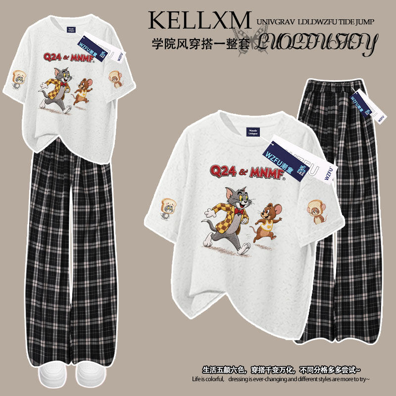男女童国潮猫和老鼠套装夏季中大童纯棉扎染短袖T恤格子裤两件套