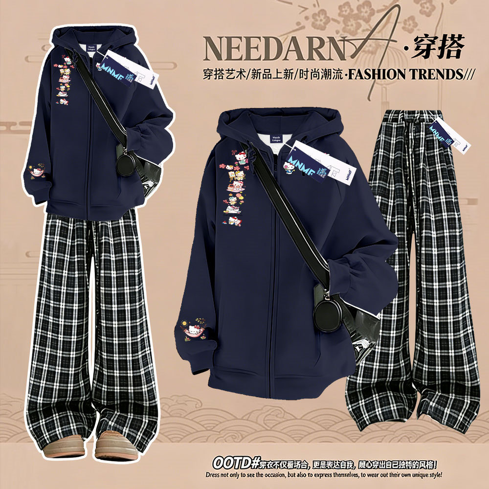 女童甜美洋气小猫印花2026秋冬加绒开衫拉链连帽卫衣格子裤套装