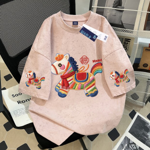 仿刺绣卡通小马印花女童纯棉短袖T恤中大童夏季扎染宽松半袖上衣