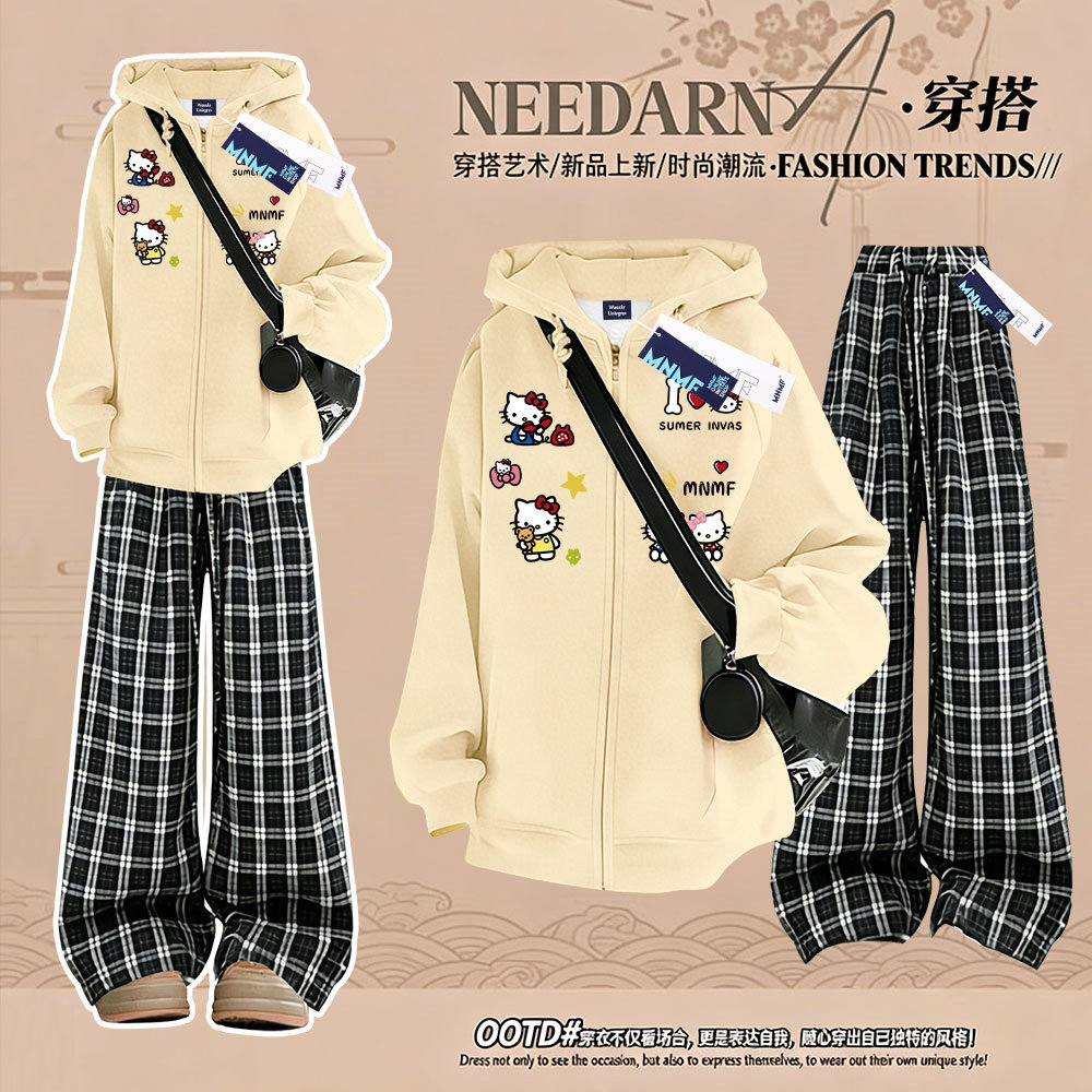 秋冬款韩系甜美女童加绒可爱小猫连帽开衫卫衣格子裤中大儿童套装