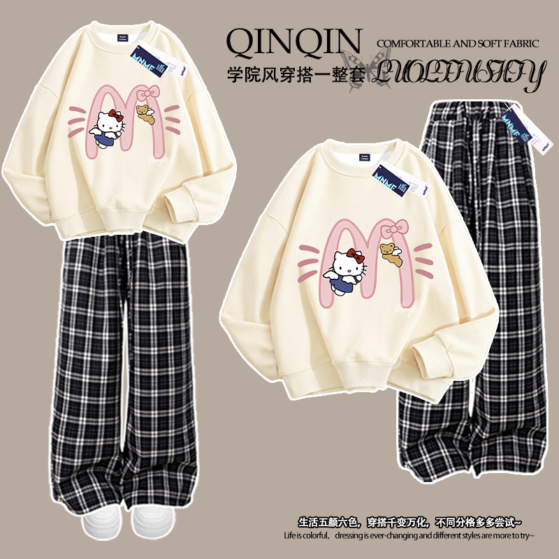 女童加绒圆领卫衣套装秋冬装2026新款中大童格子裤韩版百搭两件套