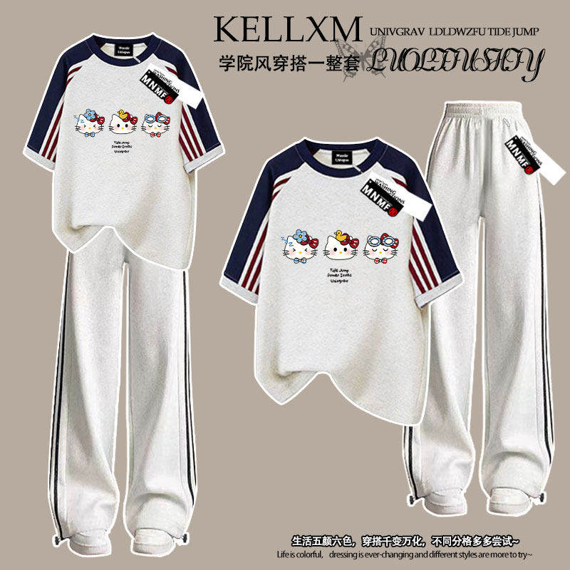 卡通女童夏季洋气小猫咪印花插肩三条杠短袖t恤长裤运动时尚套装
