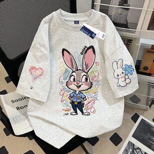 女童卡通朱迪印花纯棉短袖T恤夏季新款中大童仿刺绣宽松体恤上衣