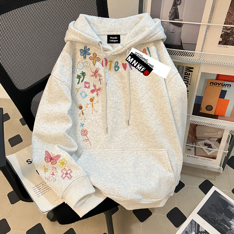 2025新款洋气涂鸦女童卫衣中大童秋冬装连帽上衣加绒加厚外套潮牌