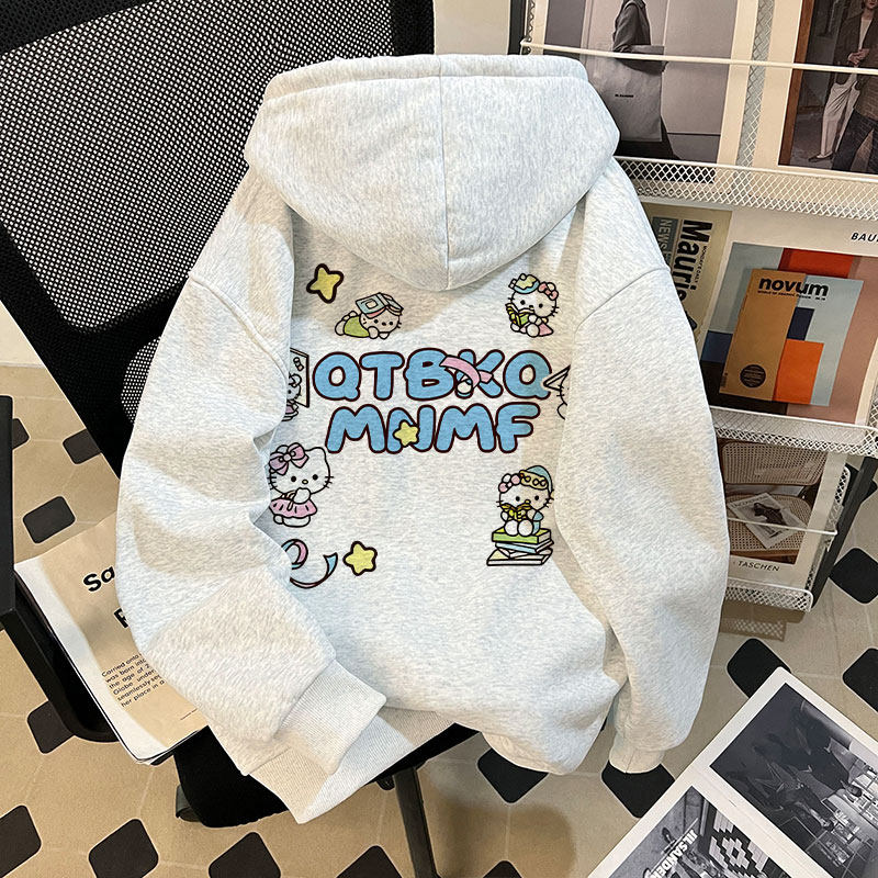 秋冬新款女童加绒连帽卫衣韩系小猫印花小众时髦百搭学生上衣