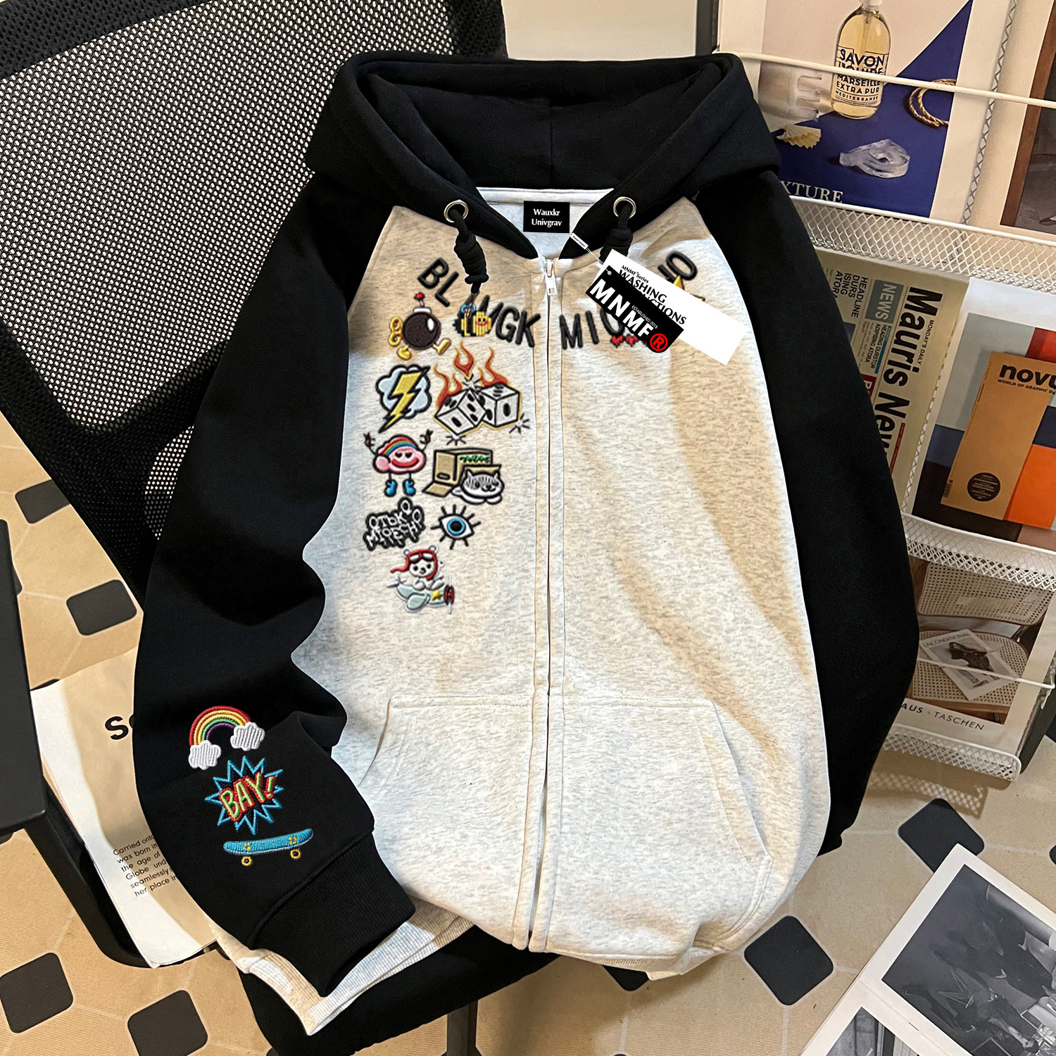 2025秋冬季男童插肩拉链连帽卫衣美式潮牌字母印花中大童上衣外套