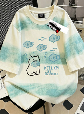 夏季新款韩系ins风男女童纯棉扎染短袖T恤猫咪小鱼印花中大童上衣