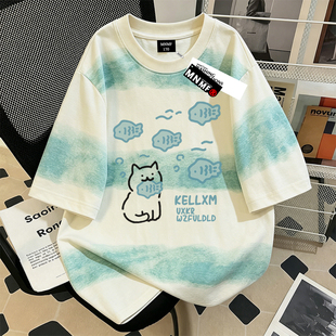 夏季新款韩系ins风男女童纯棉扎染短袖T恤猫咪小鱼印花中大童上衣