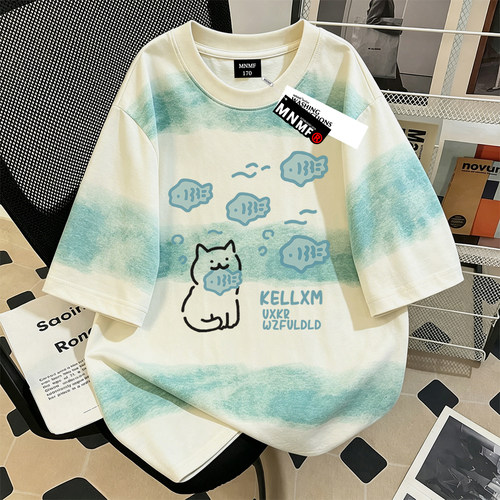 夏季新款韩系ins风男女童纯棉扎染短袖T恤猫咪小鱼印花中大童上衣