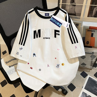 夏季2026新款男女童纯棉三条杠短袖T恤潮卡通字母印花中大童上衣