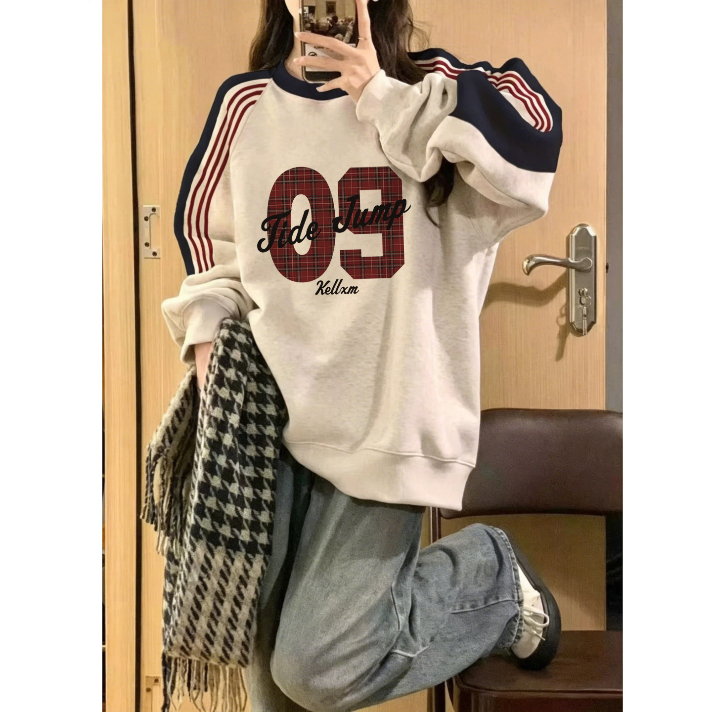 男女童秋冬新款韩版厚款美式复古格纹数字印花卫衣中大童圆领卫衣