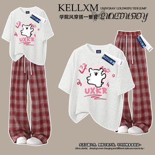 女童夏季纯棉扎染短袖t恤格子裤国潮卡通线条小狗中大童韩版套装