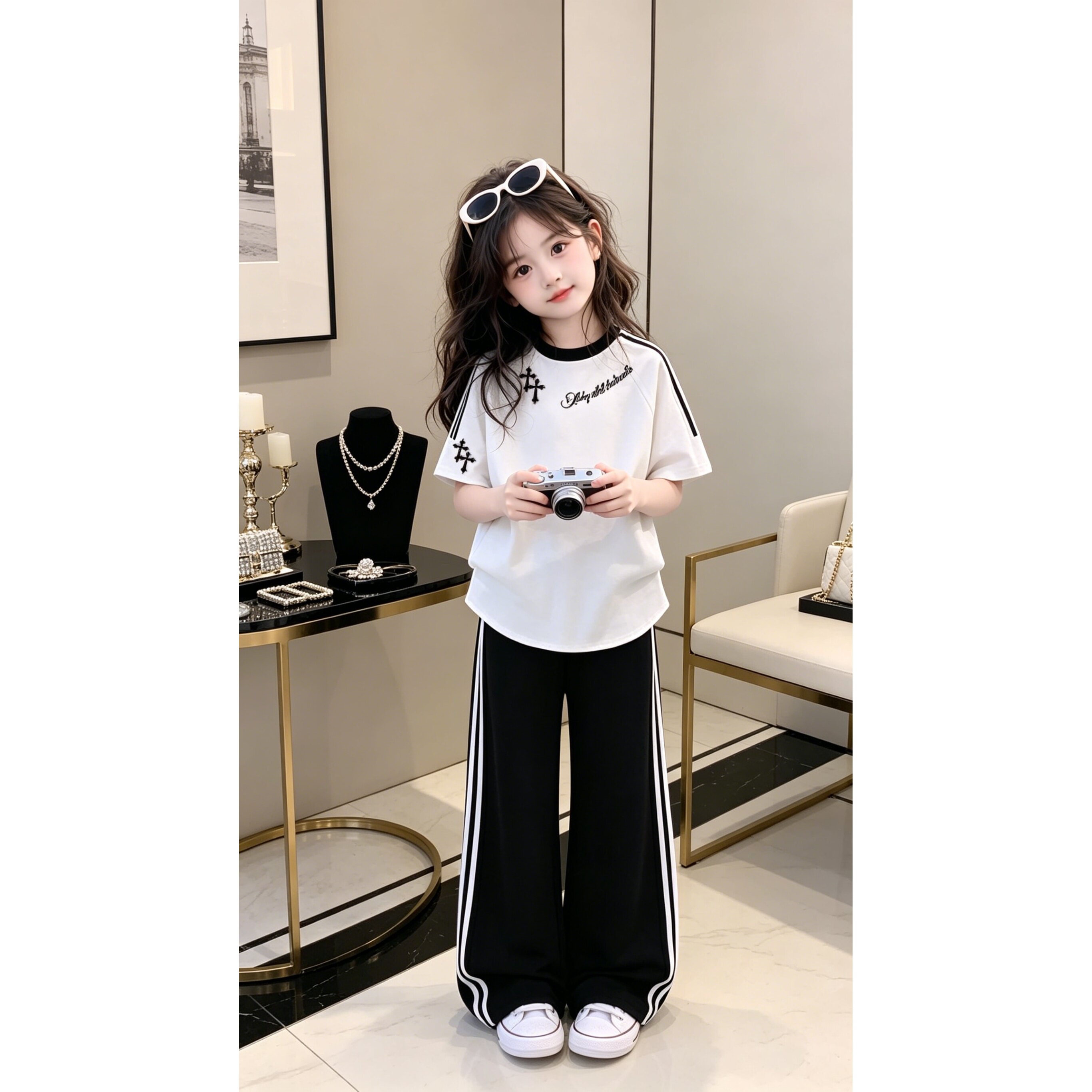 女童夏季韩系风三条杠两件套