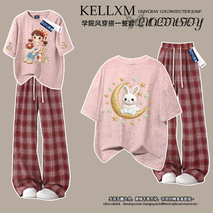 仿刺绣2026新款女童扎染纯棉短袖t恤甜美卡通ins女孩中大童两件套