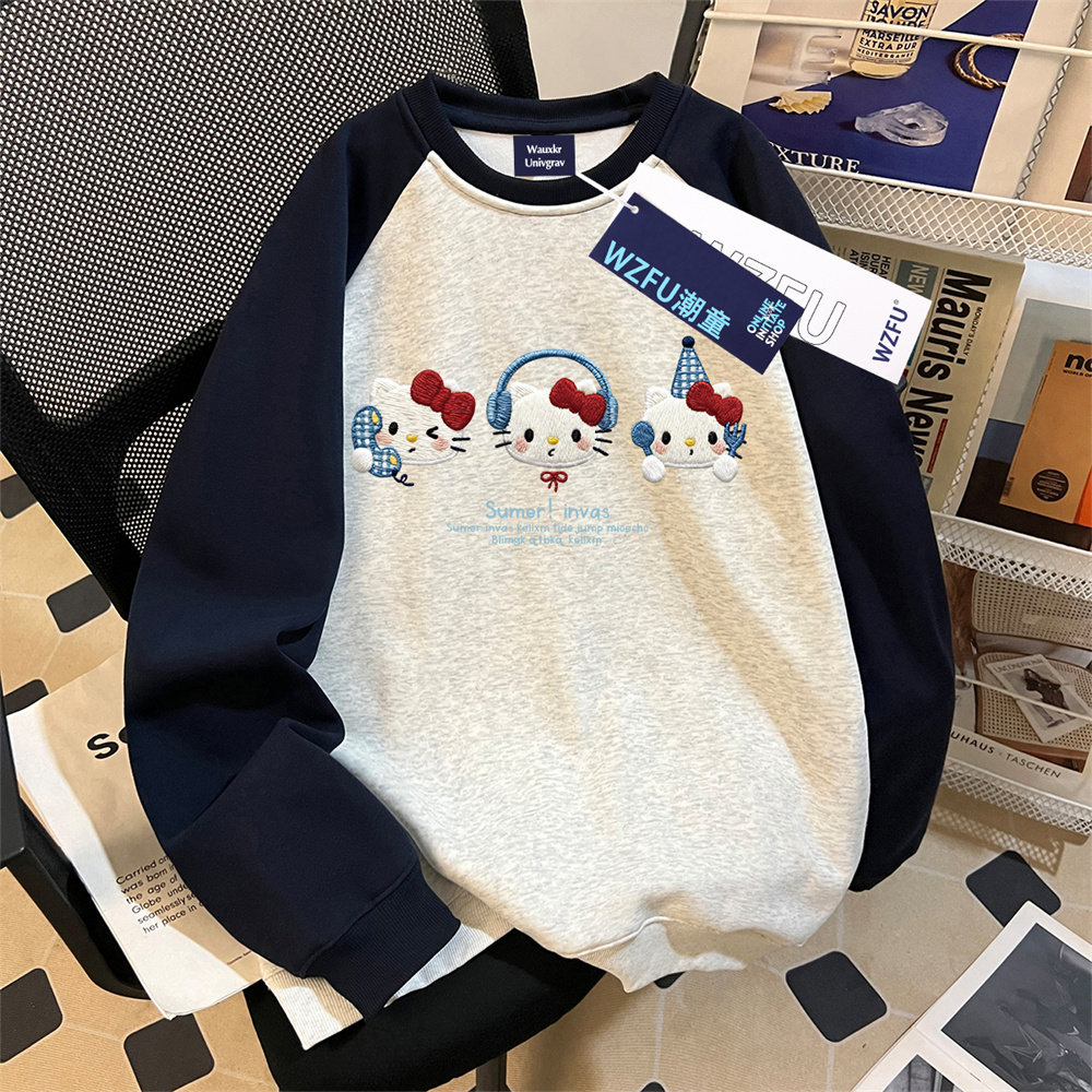 2026新款女童加绒插肩圆领卫衣卡通仿刺绣小猫中大儿童百搭上衣潮