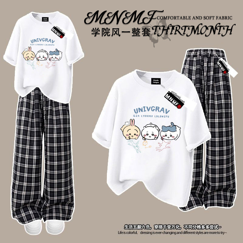 韩系休闲风男女童卡通小八印花纯棉短袖T恤格子长裤学生两件套ins