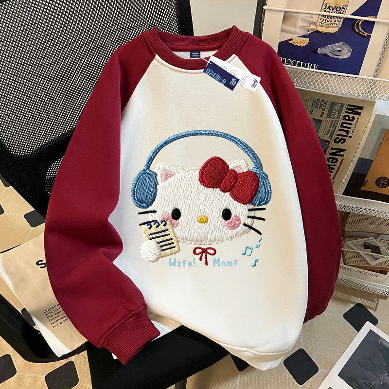 女童红色插肩卫衣春秋冬2026新款仿刺绣小猫中大儿童加绒圆领上衣