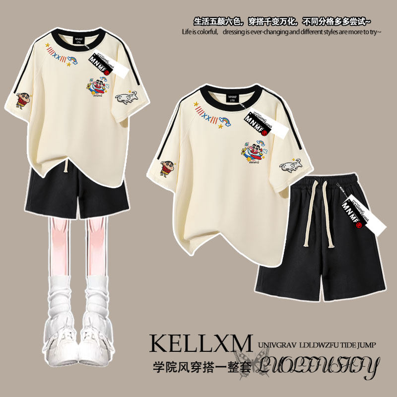 夏季纯棉套装童趣个性小男孩印花女童短袖短裤中大童五分裤两件套