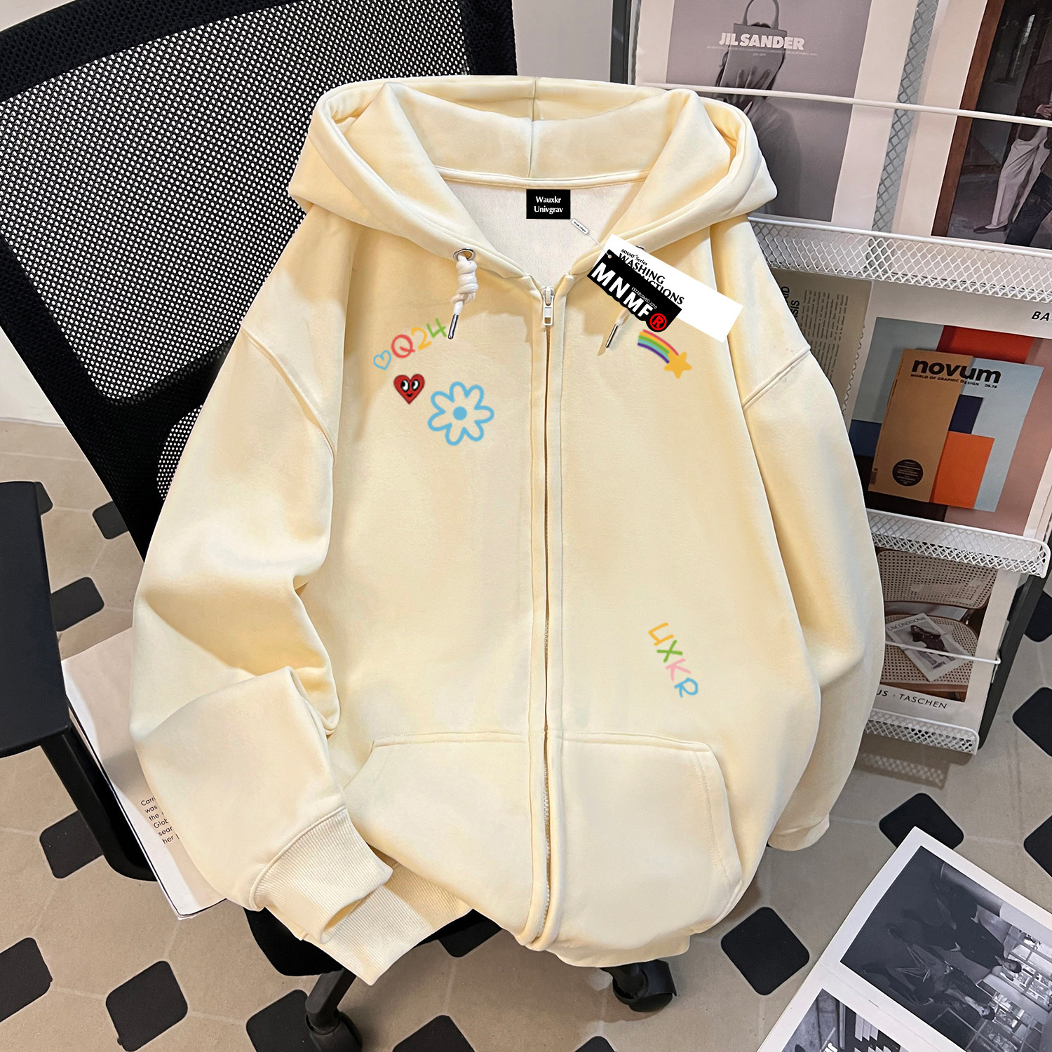 女童米色拉链卫衣外套简约百搭字母印花秋冬款中大童开衫连帽外套