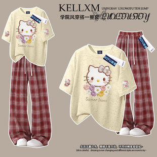 夏季女童扎染纯棉短袖t恤套装卡通捧花小猫印花中大童洋气两件套