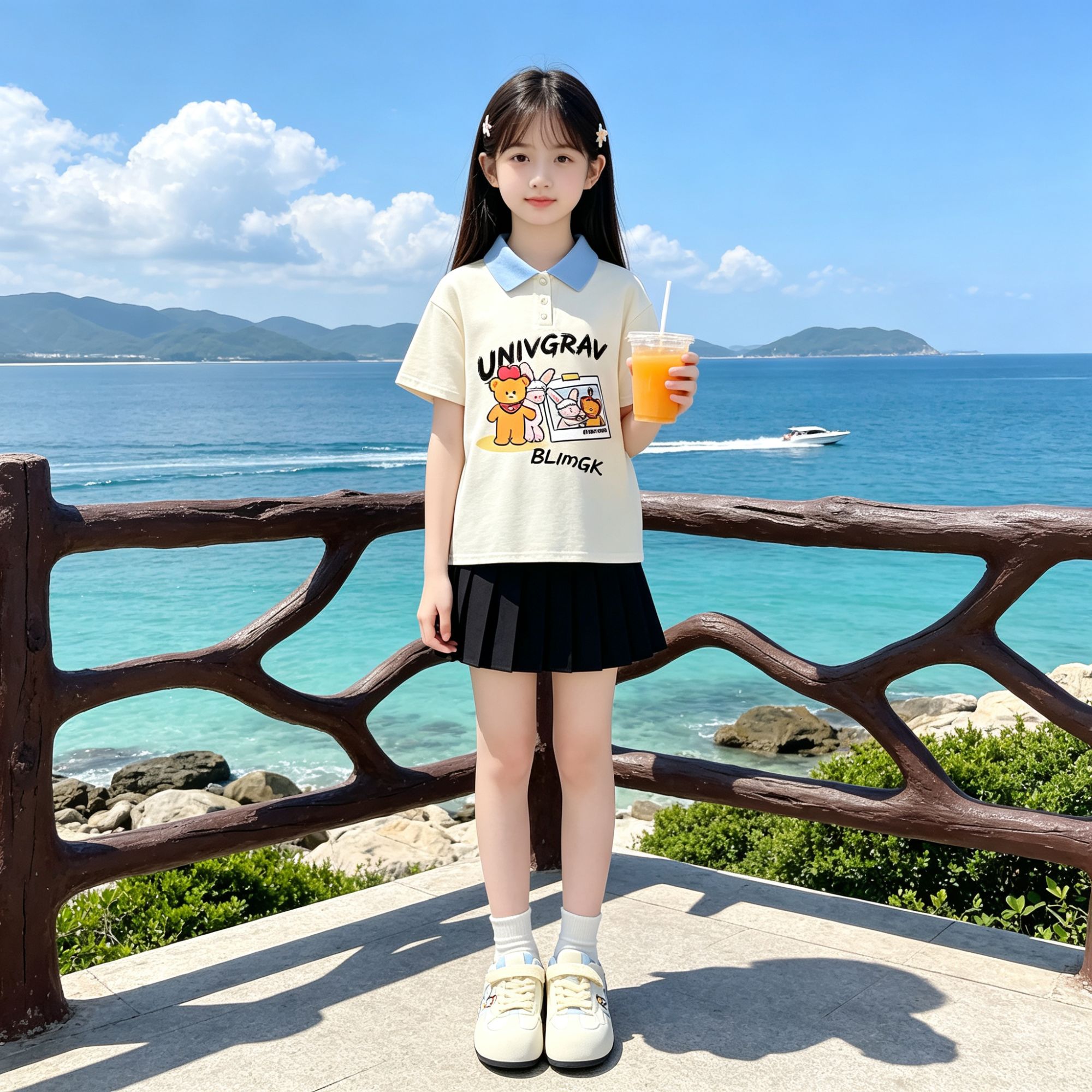 女童新款日系ins风小熊兔子印花学院风POLO衫短袖短裙百搭套装潮
