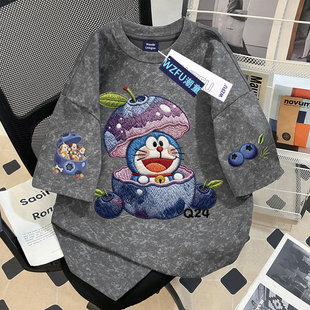 2026新款女童日系梦幻蓝莓猫仿刺绣纯棉扎染短袖t恤中大儿童上衣