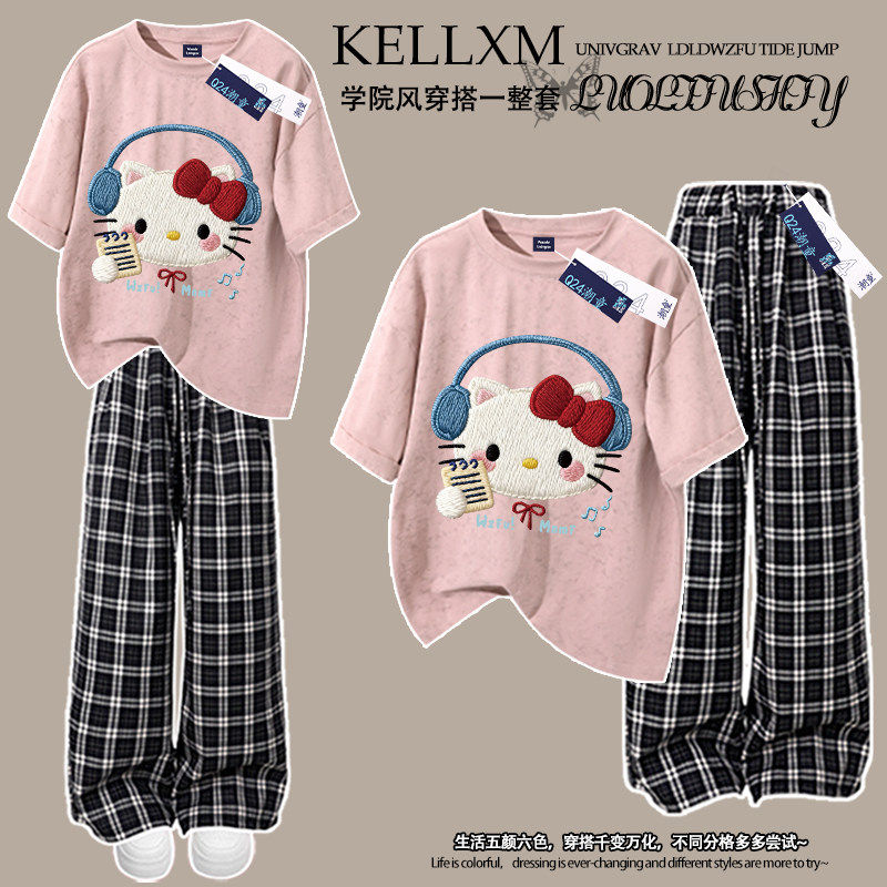 小猫女童扎染纯棉短袖T恤格子阔腿裤两件套中大童夏季款洋气套装